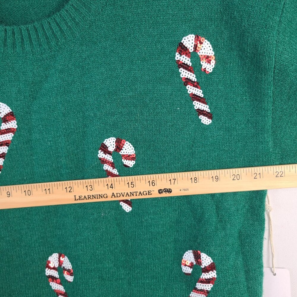 Luna Ivy Green Candy Cane Sequin Sweater Acrylic Blend Christmas Pullover Sz M - Picture 6 of 7